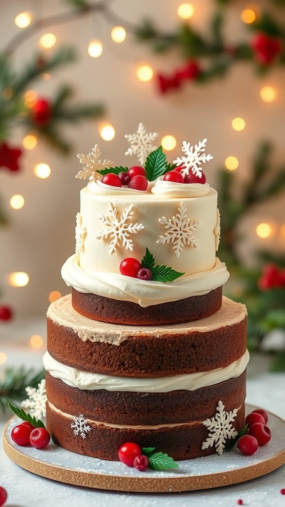 A two-tier Christmas cake decorated with snowflakes and berries, surrounded by holiday decorations.